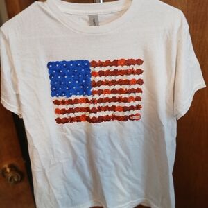 Gildan White Tee with Blue and Red Flag Design